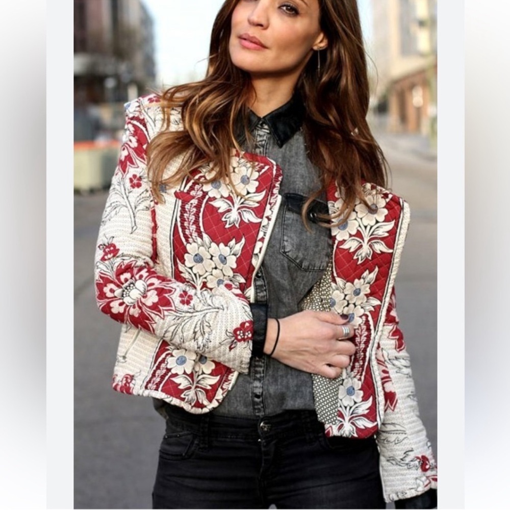 Zara Floral Printed Quilted Moto-Style Jacket White Red Women's Size Small